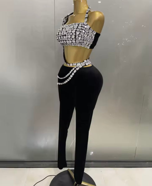 Women Sexy Crystal Halter Crop Two Piece Pant Set