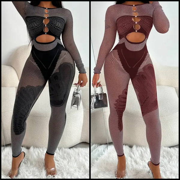 Women Sexy Cut Out Full Sleeve Mesh Patchwork Jumpsuit