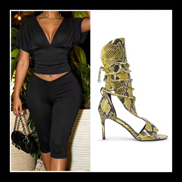Women V-Neck Short Sleeve Crop Two Piece Capri Pant Set