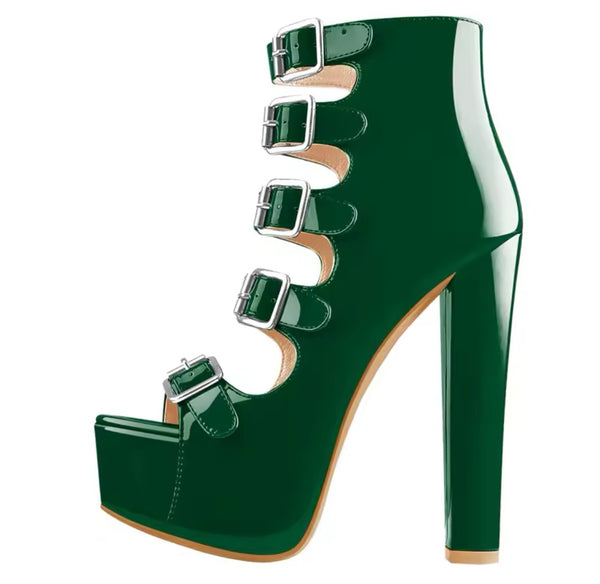 Women Open Toe Buckled Patent Leather Ankle Sandals