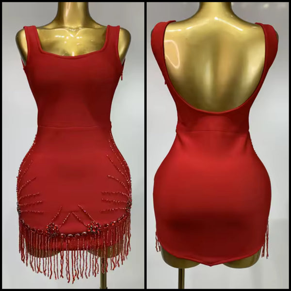 Women Sexy Sleeveless Red Beaded Tassel Dress