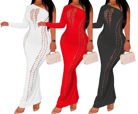 Women Sexy One Shoulder Full Sleeve Hollow Out Maxi Dress