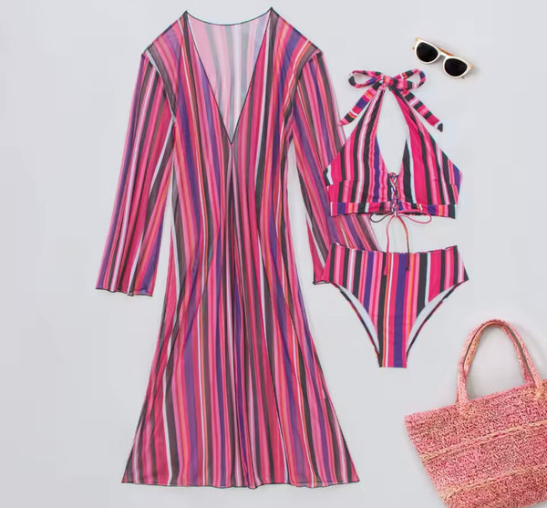 Women Sexy Multicolored Striped Bikini Cover Up Set