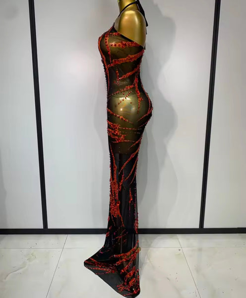 Women Black Halter Sleeveless Red Rhinestone Sexy Maxi Dress