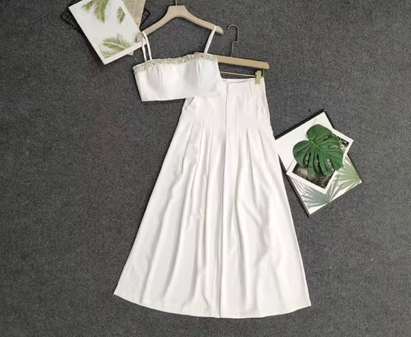 Women White Sleeveless Crop Two Piece Wide Leg Pant Set