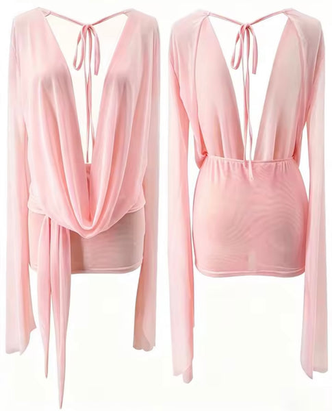 Women Sexy Draped Flare Full Sleeve Open Back Mesh Dress
