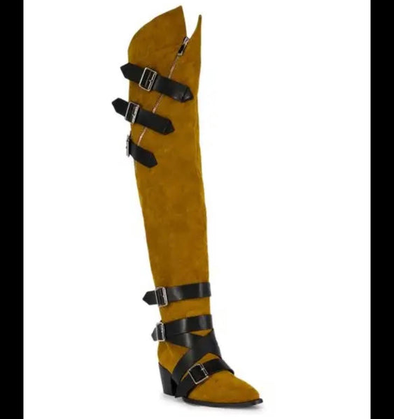 Women Fashion Suede Buckled Zipper Over The Knee Boots