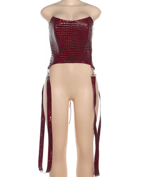 Women Sexy Fashion Burgundy Faux Leather Corset Top