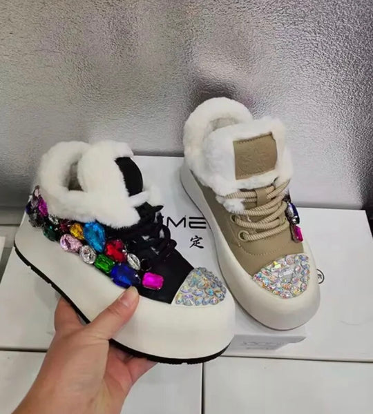 Women Fashion Platform Colorful Gem Faux Fur Patchwork Sneakers