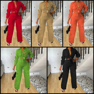 Women Button Up Full Sleeve Two Piece Cargo Pant Set