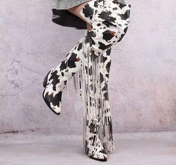 Women Fashion Animal Print Tassel Over The Knee Western Boots