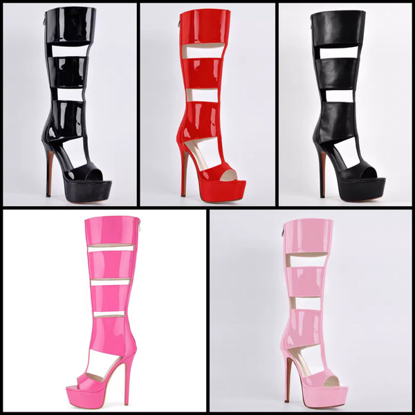 Women Fashion Color Open Toe Patent Leather Platform Knee High Sandals