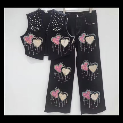 Women Sleeveless Rhinestone Sequins Heart Denim Two Piece Pant Set