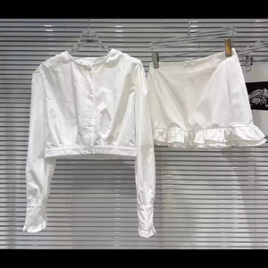 Women White Button Up Ruffled Full Sleeve Two Piece Skirt Set
