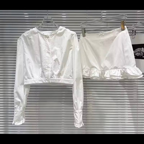 Women White Button Up Ruffled Full Sleeve Two Piece Skirt Set