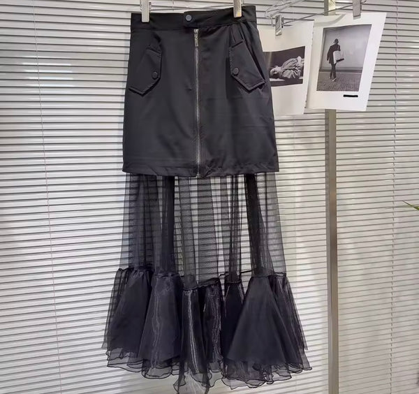 Women Zip Up Sleeveless Vest Two Piece Ruffled Mesh Skirt Set