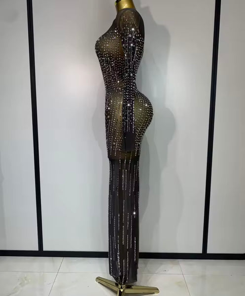 Women Sexy Black Rhinestone Full Sleeve Mesh Maxi Dress