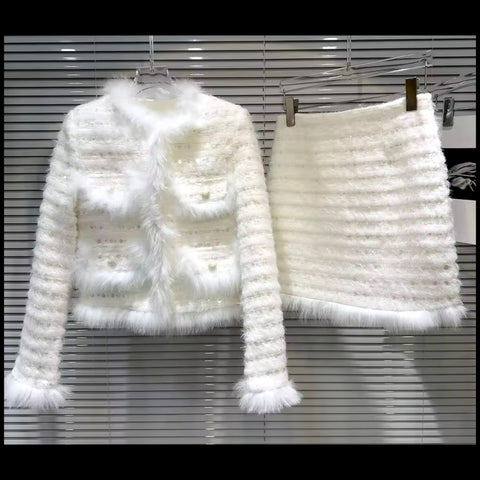 Women White Sexy Faux Fur Full Sleeve Blazer Two Piece Skirt Set