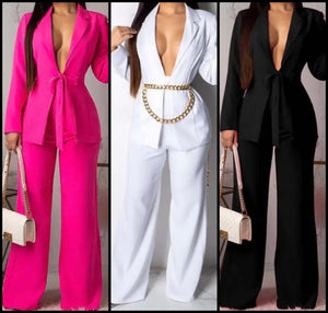 Women Solid Color Sexy Full Sleeve Blazer Two Piece Pant Set