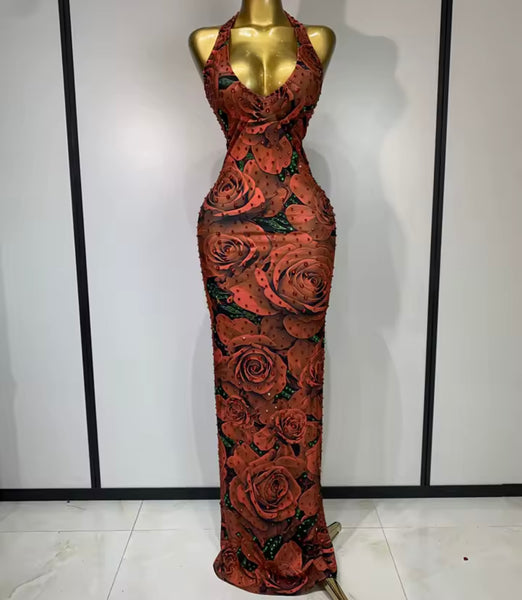Women Sexy Halter Sleeveless Floral Rhinestone Maxi Dress