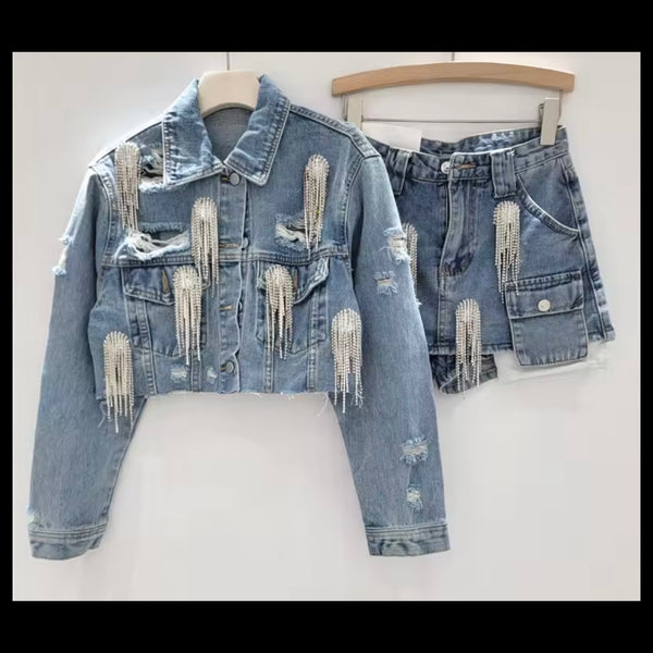 Women Fashion Rhinestone Tassel Denim Jacket Two Piece Skirt Set