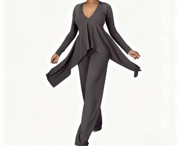 Women Ribbed Asymmetrical Full Sleeve Two Piece Fashion Pant Set