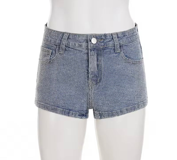 Women Fashion Rhinestone Blue Denim Shorts