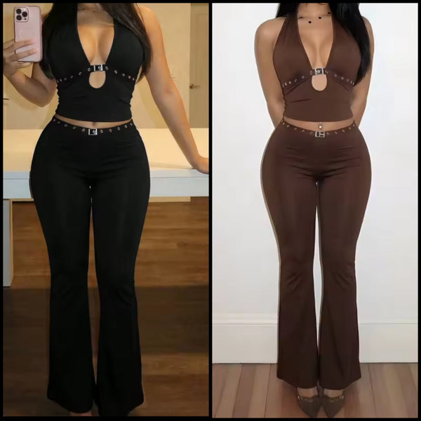 Women Halter Sleeveless Crop Two Piece Pant Set