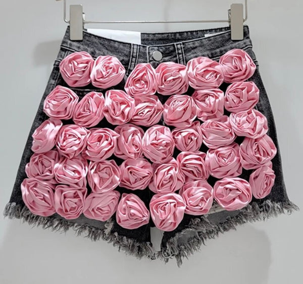 Women Fringe Fashion Color Floral Denim Shorts