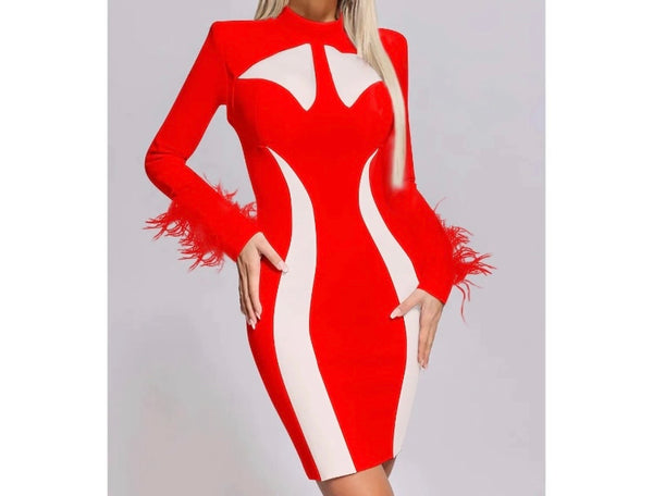 Women Sexy Full Sleeve Feather Mesh Patchwork Dress