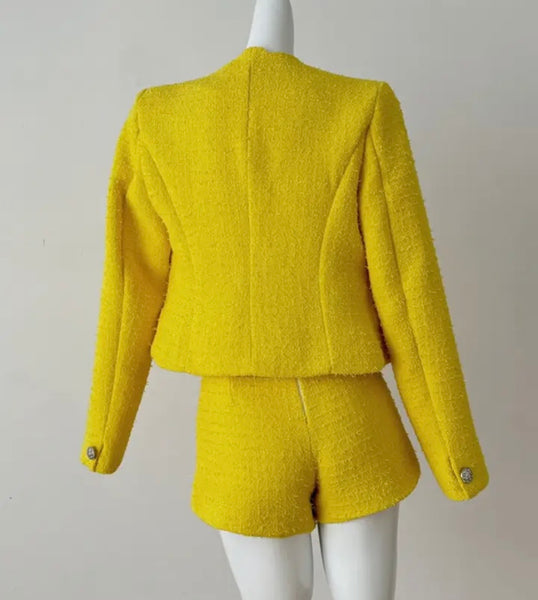 Women Fashion Yellow Tweed Button Up Blazer Two Piece Short Set