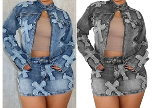 Women Fashion Patchwork Two Piece Denim Jacket Skirt Set