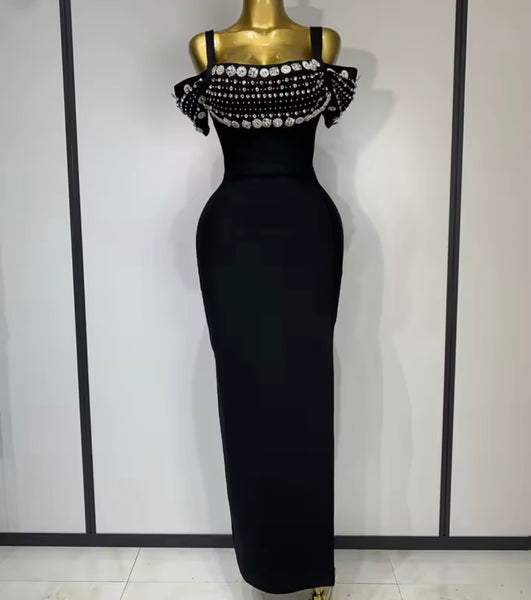 Women Sleeveless Rhinestone Crystal Black Bandage Maxi Dress