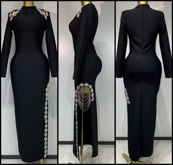 Women Black Rhinestone Floral Chain Full Sleeve Side Split Maxi Dress