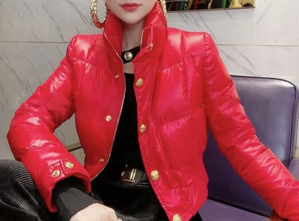 Women Fashion Gold Button PU Puff Crop Jacket