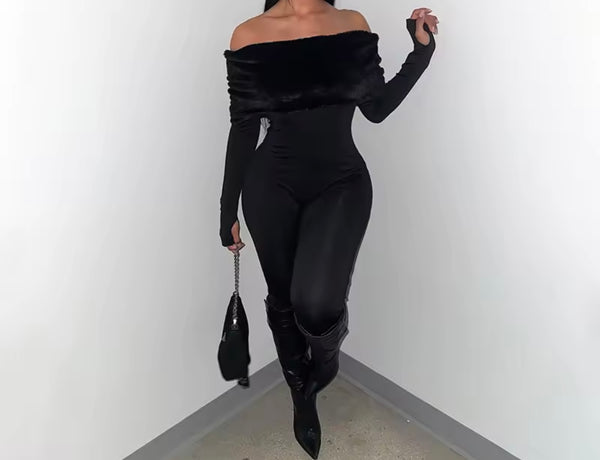 Women Fur Off The Shoulder Full Sleeve Fashion Jumpsuit