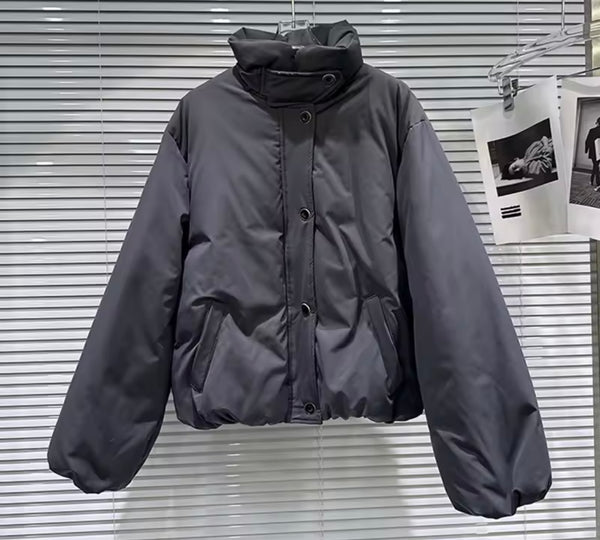 Women Fashion Puff Button Up Jacket Two Piece Skirt Set