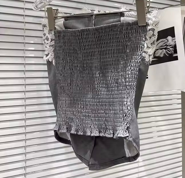 Women Gray Lace Button Up Strapless Two Piece Pleated Skirt Set