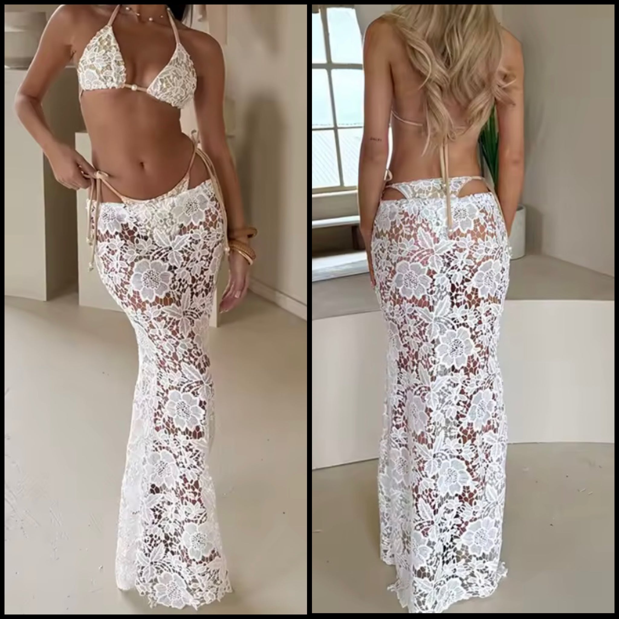 Women White Sexy Lace Bikini Cover Up Set