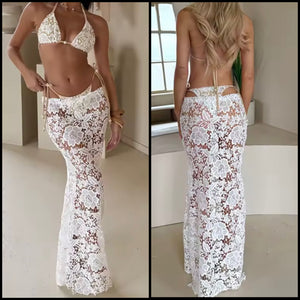 Women White Sexy Lace Bikini Cover Up Set