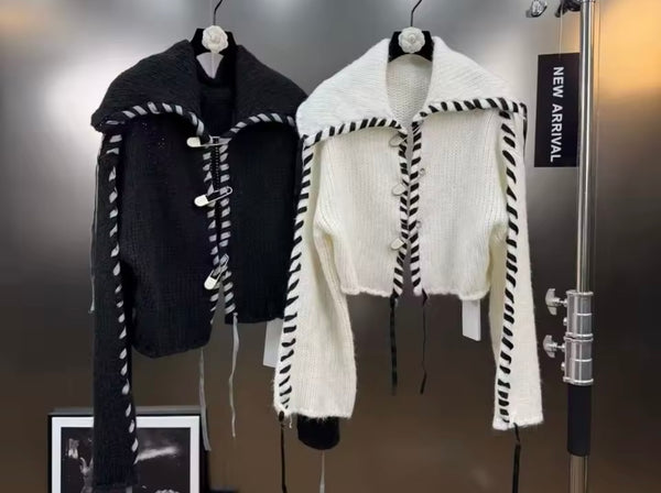 Women Fashion B&W Lace Up Full Sleeve Sweater Top