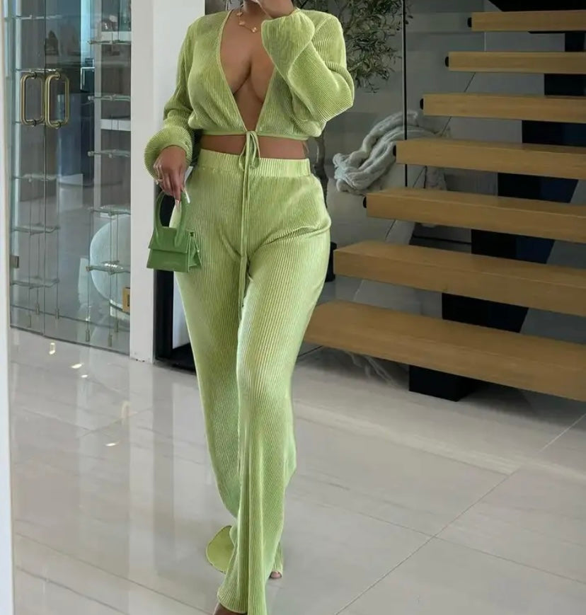 Women Sexy Solid Color Tie Up Full Sleeve Two Piece Pant Set