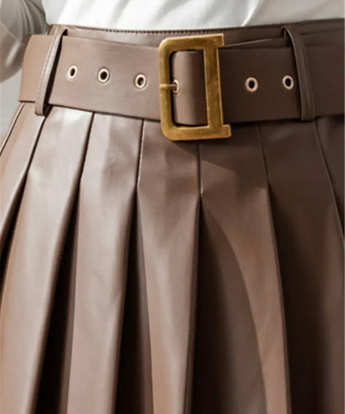 Women Belted Faux Leather Fashion Please Skirt