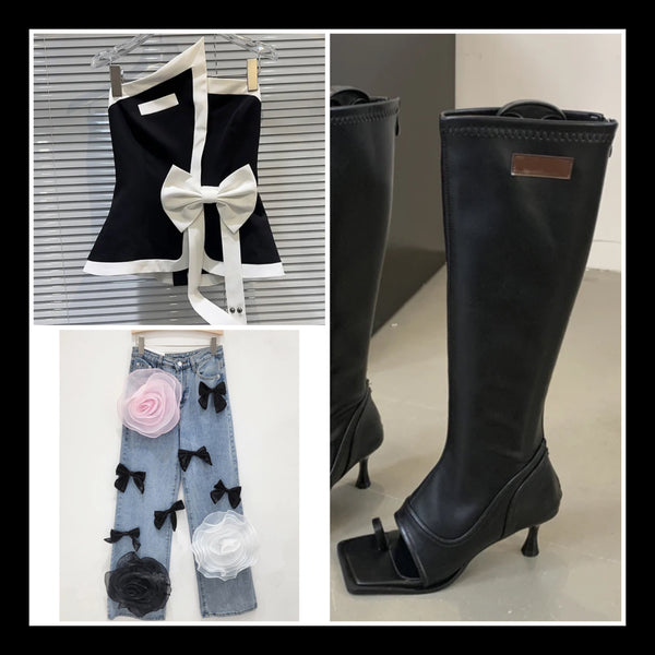 Women Fashion Faux Leather Open Toe Knee High Boots