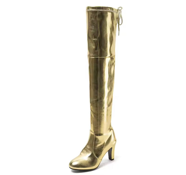 Women Metallic Drawstring Fashion Over The Knee Boots