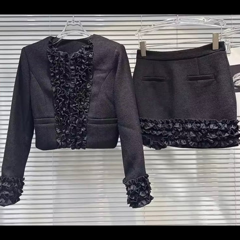 Women Black Floral Fashion Blazer Tweed Two Piece Skirt Set
