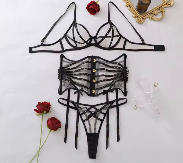 Women Sexy Black Rivet Mesh Lingerie Set
