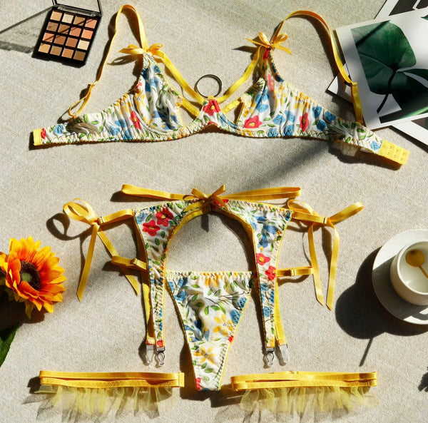 Women Sexy Yellow Floral Print Lingerie Set