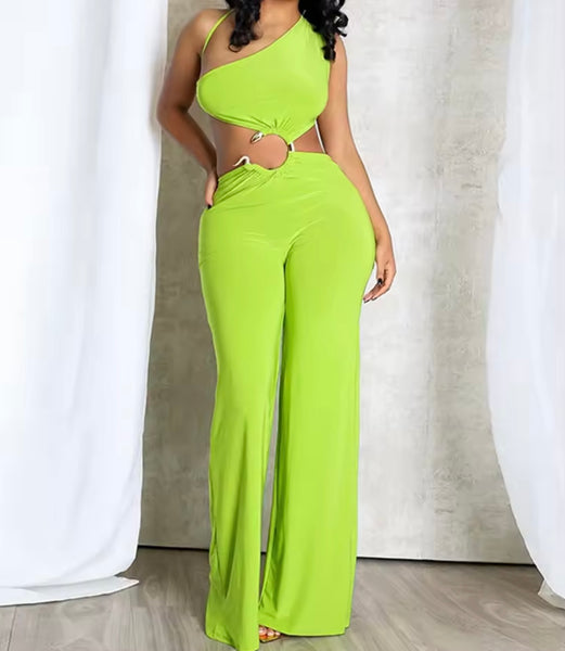 Women Sexy Color One Shoulder Sleeveless Metal Cut Out Jumpsuit