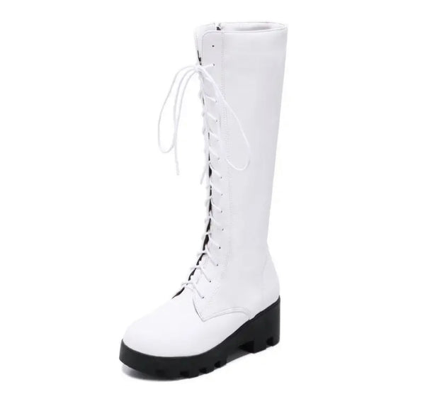 Women Fashion Faux Leather Lace Up Platform Knee High Boots